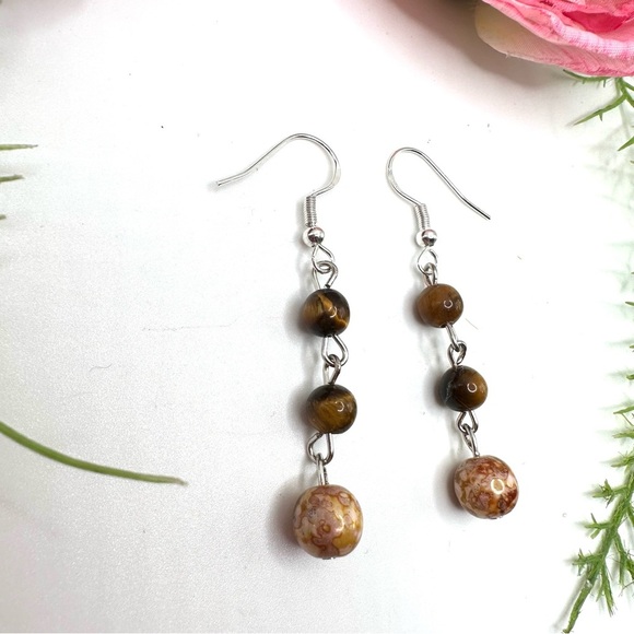 NEW⚜️Tiger’s Eye & Spun Glass Beaded Earrings - Picture 3 of 5